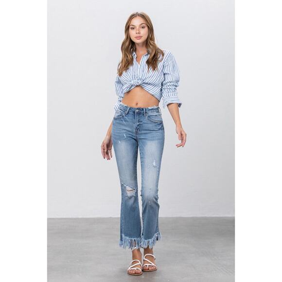 Insane Gene Mid Rise Long Bottom Frayed Crop Flare Jeans - INI90R - Size 7/27 - Picture 10 of 13